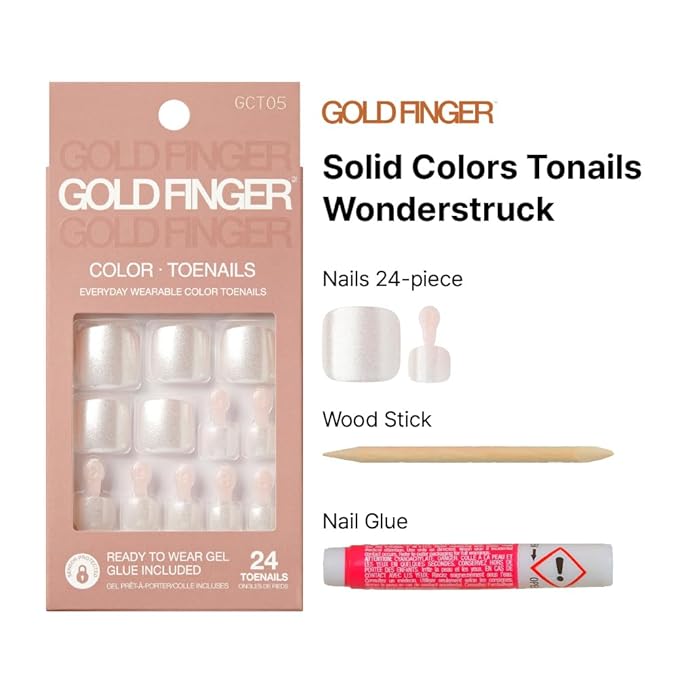 GoldFinger Press On Toenails Kit Wider Fit, Shine Glazed Glitter Metallic Silver Toenail, Ready to Wear Gel & Manicure Stick, 2g Glue included, Long-Lasting Convenient & Easy to Apply