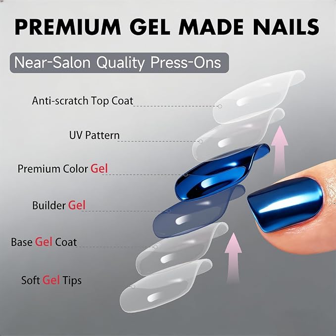 Chrome Press on Nails Short Square, Metallic Royal Blue Fake Nails with a Sparkle Mirror Finish, Glitter Glue on Nails for Women Birthday Party, Thick Quality Soft Gel Nail Press ons 30 Pcs