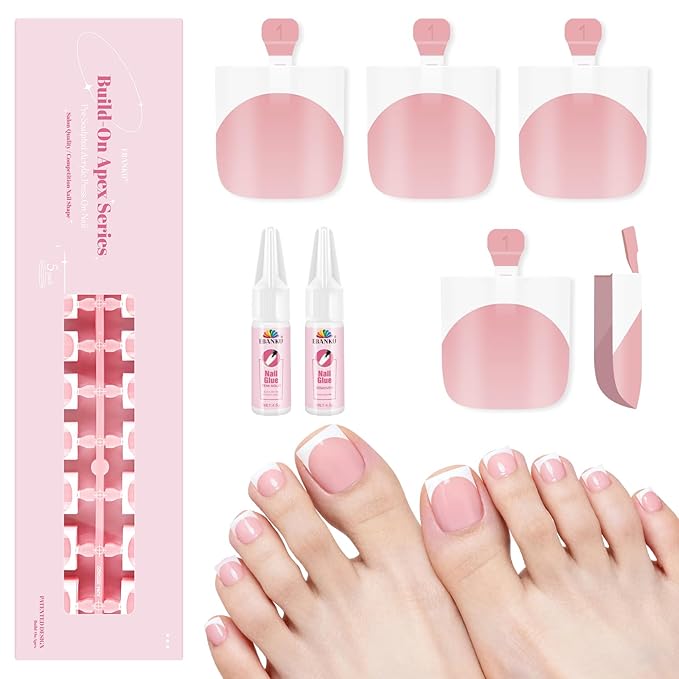 EBANKU Press On Toenails Pink French Tips, 150 Pcs Square Short Toe Nail Tips Toe Press On Nail Fake Toenail Full Cover Artificial False Nail Tips with Glue for Women Professional Home Salon DIY