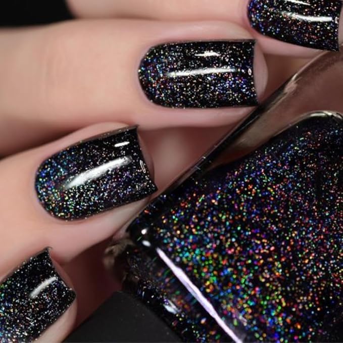 Modelones 32Pcs Sparkle Black Press on Nails, Glitter Short Square Fake Nails, Reusable Nail Kit with Nail Glue Adhesive Tabs Mini Nail File, Nails Press Ons 16 Sizes, Women Girl Gift