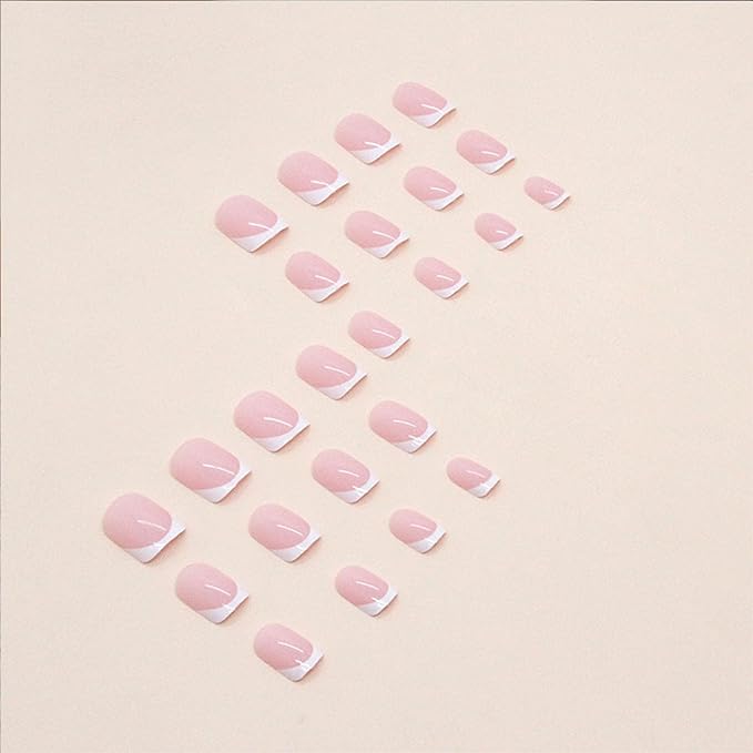 White French Tip Press on Nails Short Square Fake Nails Pink Stick on Nails Full Cover Reusable Glossy Acrylic False Nails Artificial Glue on Nails for Women Manicure 24 Pcs