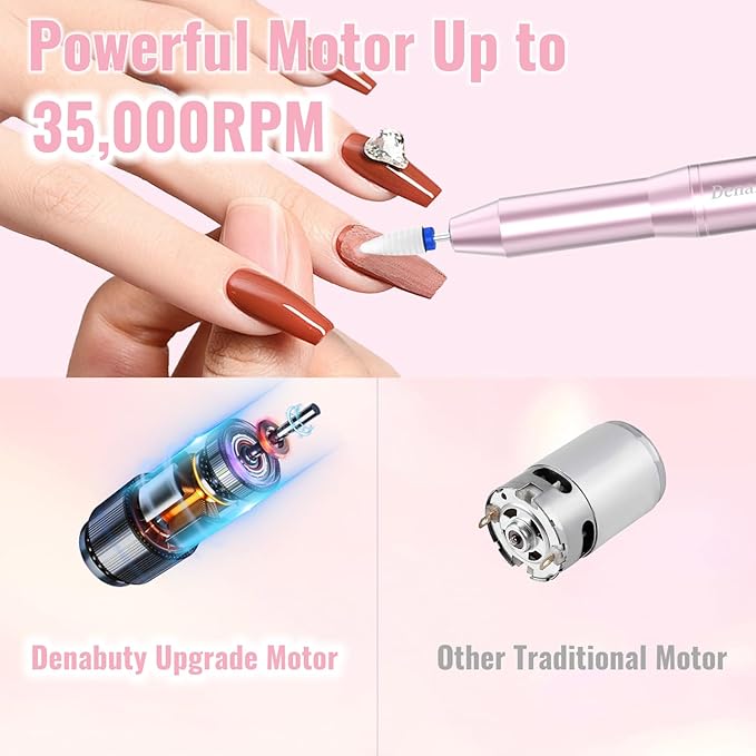 Electric Nail Drill Cordless, 35000RPM Portable Electric Nail File with LCD Display and 12 Nail Drill Bits for Acrylic & Gel Nails, Professional Manicure & Pedicure Kit Set Pink