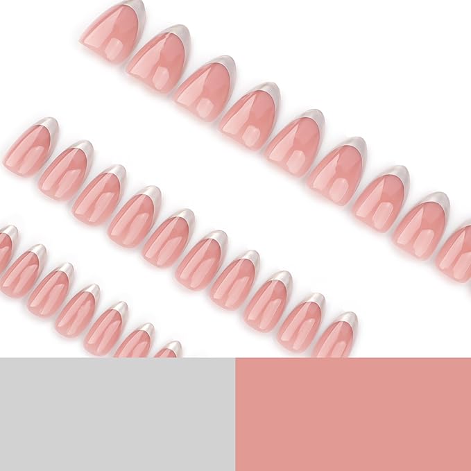 Almond Press on Nails Short Fake Nails Silver French Tip with Glossy Design Full Cover Stick on Acrylic False Nails for Women Manicure 24Pcs