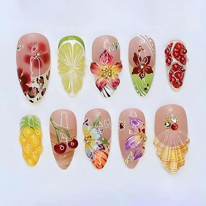 30Pcs Handmade Press on Nails Medium Almond Fake Nails French Tip False Nails with 3D Gold Beads Unique Flower Fruit Designs Petal Glossy Glue on Nail Reusable Acrylic Nails for Women