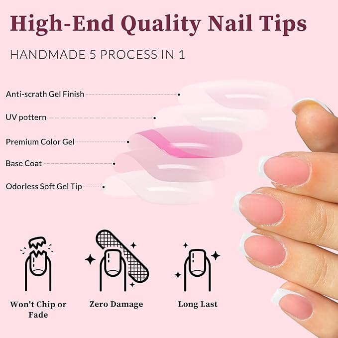120PC White French Tip Press on Nails Short Fake Nails Press ons with 5*Adhesive Tabs, Pink Coffin Acrylic Nail Press on Nail French Tip Nails False Artificial Fingernails Stick on Nails-G