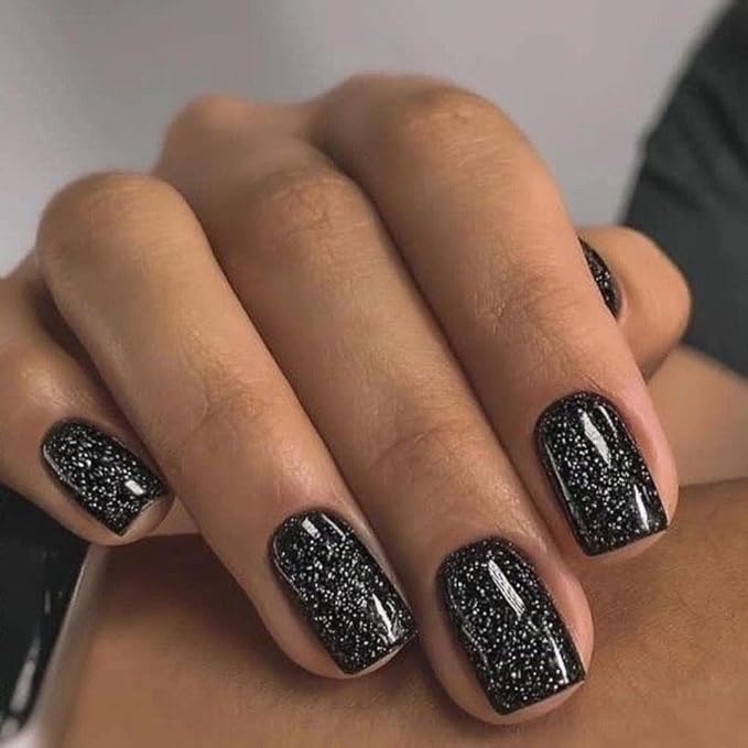 Modelones 32Pcs Sparkle Black Press on Nails, Glitter Short Square Fake Nails, Reusable Nail Kit with Nail Glue Adhesive Tabs Mini Nail File, Nails Press Ons 16 Sizes, Women Girl Gift