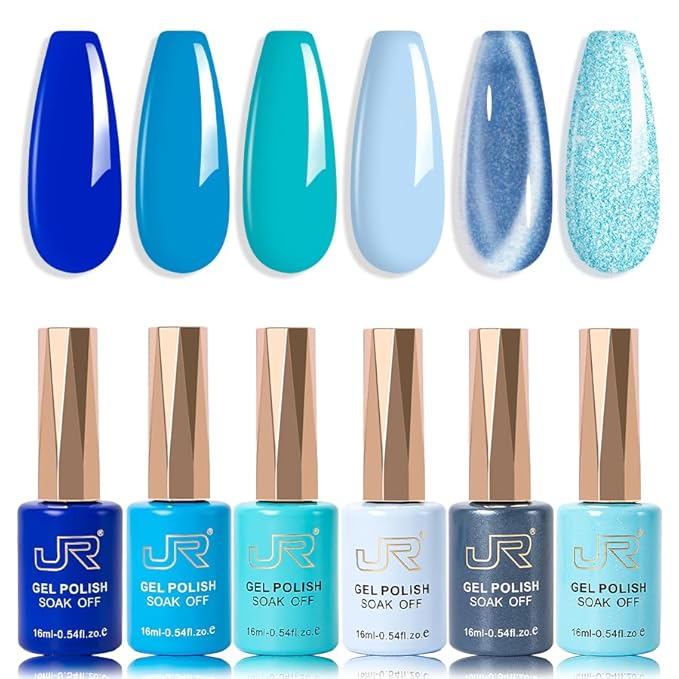 JR Blue Gel Nail Polish Set, 16ml Full Size Bottle 6 Colors Blue 9D Cateye Glitter Nail Gel Polish Gift Soak Off Led Nail Art Kit Salon DIY Colorful Bottle I
