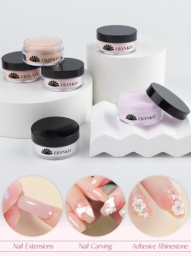 EBANKU Nude Pink Acrylic Powder Set, 6 Colors Jelly Pink, White, Nude - 6 * 10g/0.35oz for Nail Extension, Carving, French Nail