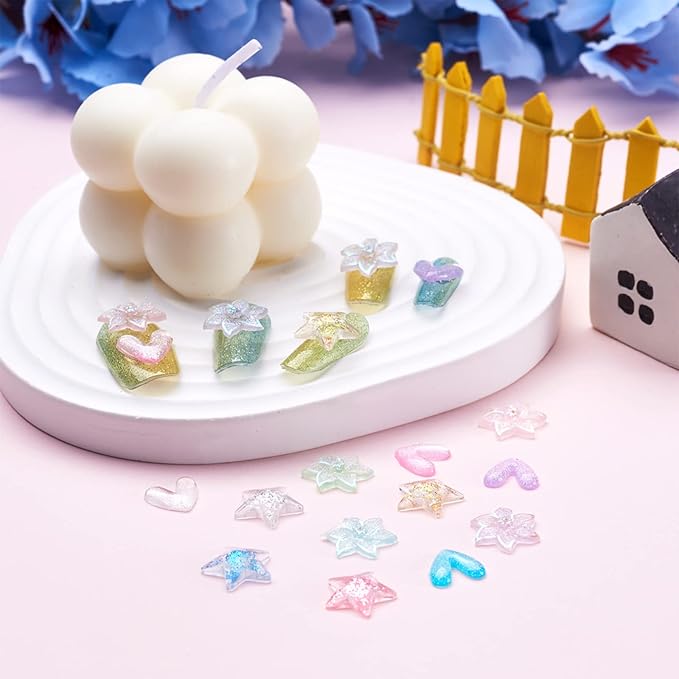 FASHEWELRY 240Pcs 3D Resin Nail Art Decoration Star Flower Heart Cabochons with Glitter Powder Studs for DIY Nail Art Decoration