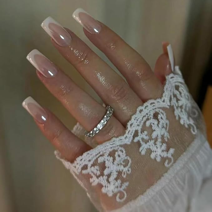 French Tip Press on Nails Square Medium Fake Nails Chrome Mirror Acrylic Nails Press ons with Designs Pearl Powder Artificial False Nails Glossy Full Cover Glue on Nails for Women Manicure 24 Pcs