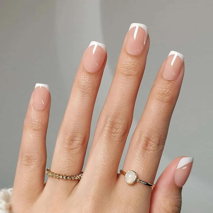 Press On Nails - Frenchie Kiss | Classic French Manicure, UV Finish Square Nails, Reusable, Salon Quality | 32 Nails, 16 Sizes Kit with Glue and Adhesive Tabs