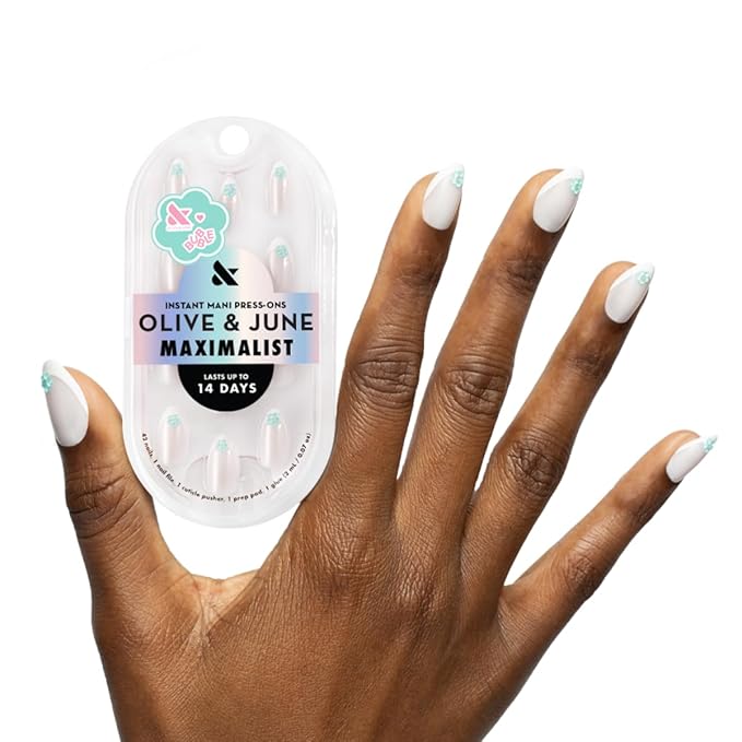 Olive & June Maximalist Instant Mani Press-On Nails (Glue) | 42 Fake Nails, 21 Sizes | Non-Toxic, Long-Lasting Big, Bold Gorgeous Realistic Look | Medium, Almond | Puffy Flower Chrome French