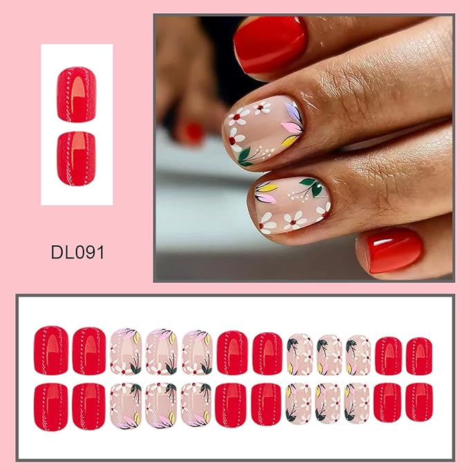 Flower Press on Nails Short Square Fake Nails Red False Nails Press ons with Floral Designs Spring Acrylic Nails Full Cover Glue on Nails Artificial Stick on Nails for Women Manicure 24Pcs