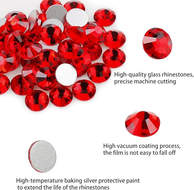 Genie Crystal ss30 Red Glass Rhinestones 576 Pcs, 6.4mm Light Siam Flatback Rhinestone, Diamond Cut Gems for Crafts, Face Mask, Makeup, Tumbler, Shoes, Clothing