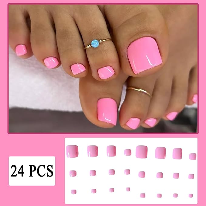 24 Pcs Solid Color Hot Pink Press on Toenails Short Square Fake Toe Nails Baby Pink Glossy Full Cover Pink Solid Color Design Summer False Glue on Toe Nails for Women Manicure Decoration