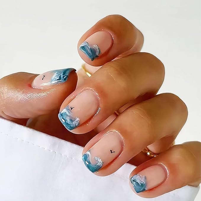 Summer Press on Nails Medium Square Fake Nails Beach False Nails French Tip Nails Press ons with Wave Designs Acrylic Nail Full Cover Glue on Nails Artificial Stick on Nails for Women Manicure 24Pcs