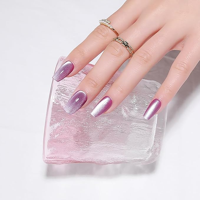 Fall Purple Medium Press On Nails, Cat Eye Coffin Press On Nails, Crystal Glow Design, Ice Glossy Gel Purple Fake Nails, Reusable Acrylic Stick On Nails for Women, Moonlit Amethyst