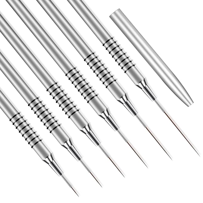 Metallic Nail Art Brushes 6 Pcs Non Slip Liner Brushes Set UV Gel Polish Painting Art Design Pen Silver Color Nail Tools for Long Lines Thin Details Fine Drawing Sizes 5/7/9/11/20/25mm (Silver)