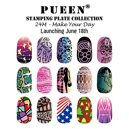 PUEEN Nail Art Stamp Collection Set 24M - Make Your Day - 24 Unique Nail Art Image Plates (144 Images) with Storage Case - Stainless Steel Plates with Protective Nylon Screen