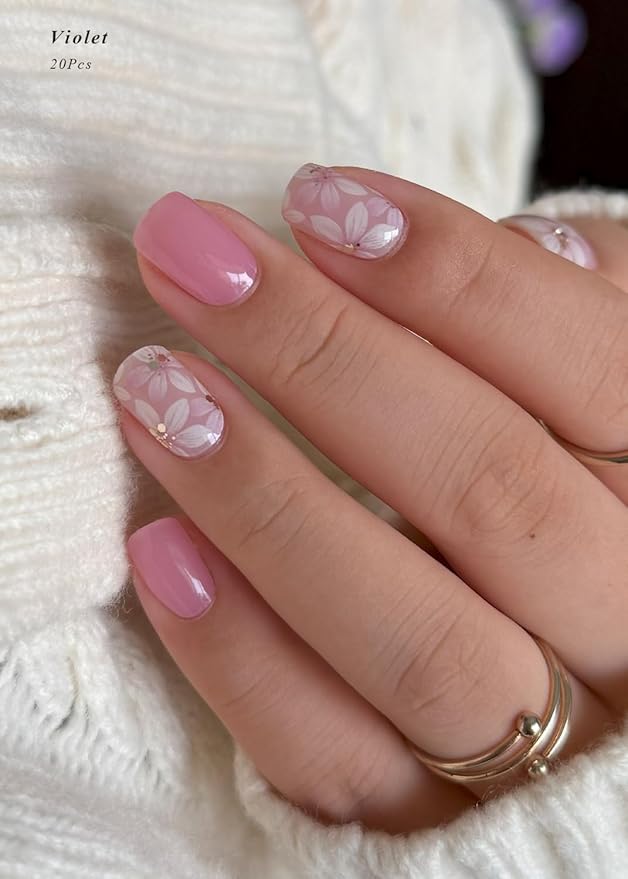 Semi Cured Gel Nail Strips (Violet), Pink Flower, 20 Pcs Gel Nail Wraps, Stickers, Salon Quality, Long Lasting, Works with Any UV Lamps