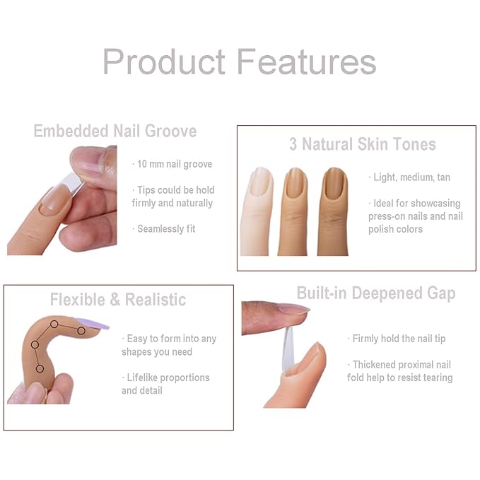 Silicon Fake Fingers Nail Art Practice Set–3 Skin Tones Reusable Practice Fingers for Acrylic Nails & Color Display, Flexible Wire Core Training Model Technician Supplies Salon Accessories