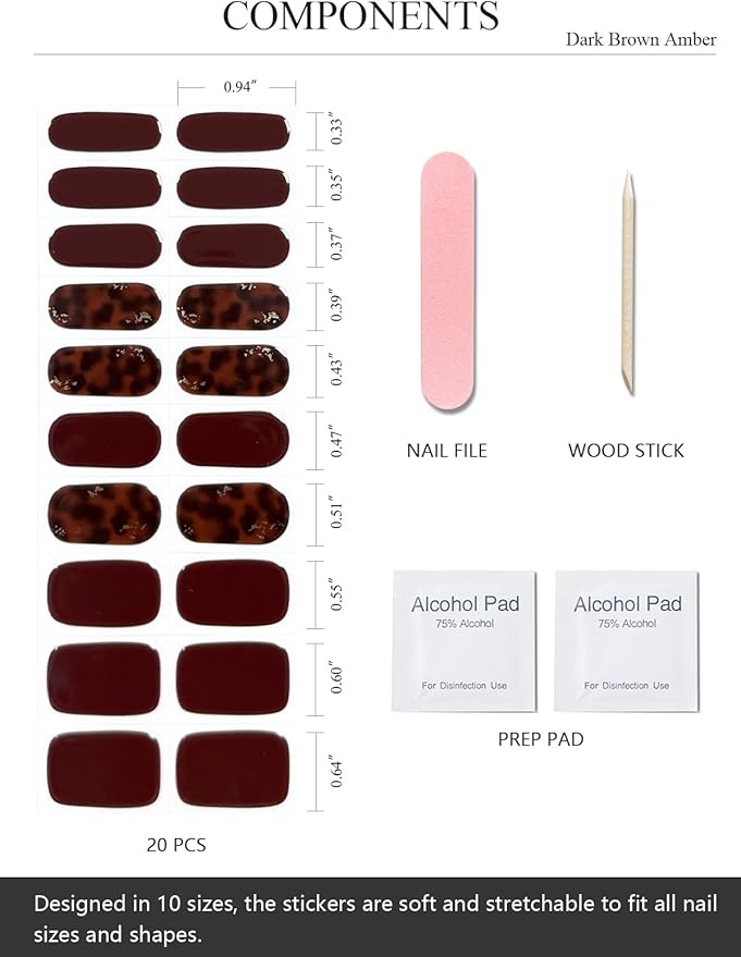 Semi Cured Gel Nail Strips (Dark Brown Amber), 20 Pcs Gel Nail Wraps, Stickers, Salon Quality, Long Lasting, Works with Any UV Lamps