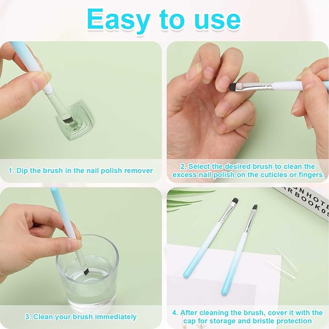 2pcs Nail Art Clean up Brushes, Painting Brushes for Gel Nails with Round & Flat Head Pen Painting Tools for Nail Design & Polish Mistake Cleaning