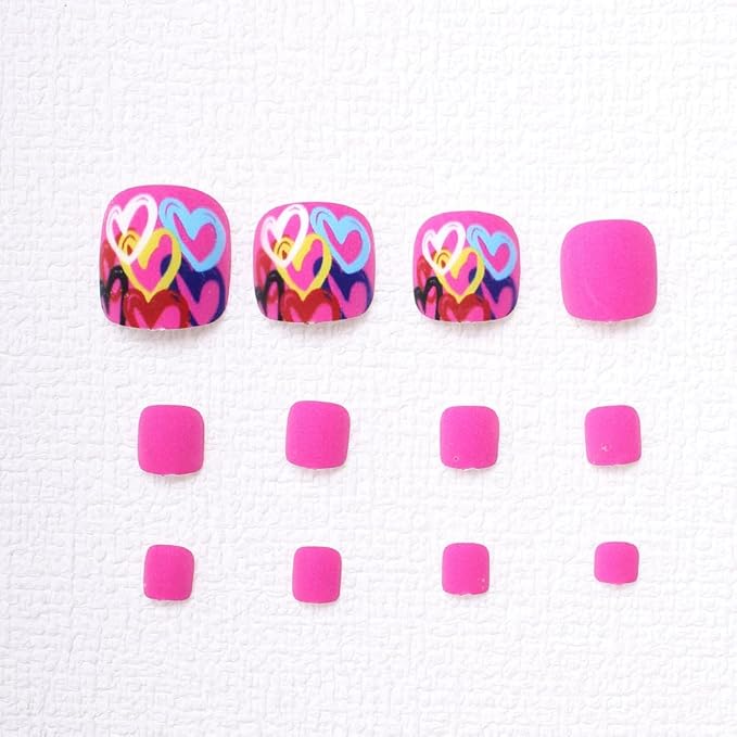 24Pcs Pink Heart Press on Toenails Short Square Fake Toe Nails with Colorful Love Hearts Valentines Acrylic Artificial Full Cover False Stick on Toenails for Women Decoration 24Pcs