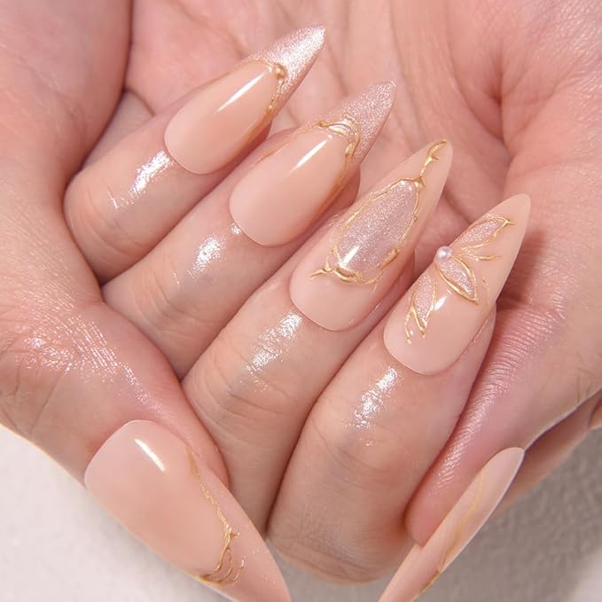 evpct 3D Cat Eye Press on Nails Medium Almond with Gold Line Design, Nude French Tip Stick on Nail for Women Gift with Kit, Reusable Full Cover Soft Gel Press on Fake Nail with 3D Flower Floral Design