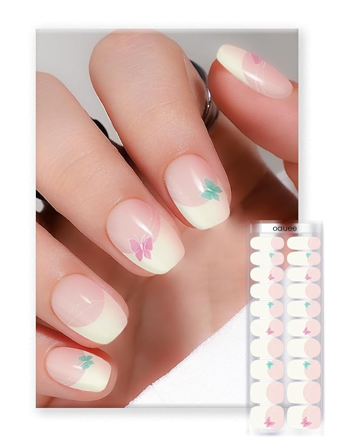 Semi Cured Gel Nail Strips | Built-In Gel Top Coat | UV Light Required | Salon Quality, Easy Application And Removal (Fairy Butterflies French)