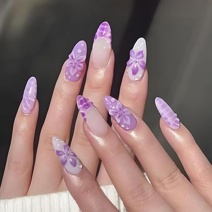 Purple Flower Press on Nails Long Almond Fake Nails French Tip Nails Press Ons Purple False Nails with Rhinestones Design Glossy Stick on Nail Spring Acrylic Glue on Nail for Women Set 24Pcs
