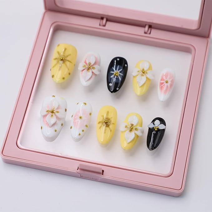 Handmade Almond Acrylic Press-On Nails, 10 Pieces (5 Sizes) with Glue, 3D Flower Art Designs, Gold Glitter Tips, Full Cover, Salon-Quality, Reusable, 24 Pack