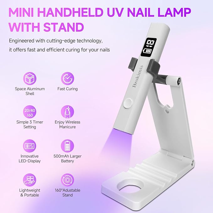 Handheld UV Light for Gel Nails with Stand, Mini Nail Lamp with LCD Display 3-Timer Modes Portable Cordless Rechargeable USB Small Nail Dryer for Fast Curing Home DIY Manicure Nail Art