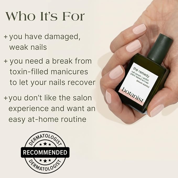 Botanist The Remedy | Nail Strengthening Polish | Repairs & Hardens Nails Damaged from Acrylics, Dip & Gel Manicures | Non-Toxic, 84% Plant Based, 21-Free & Vegan (Blush Dahlia)