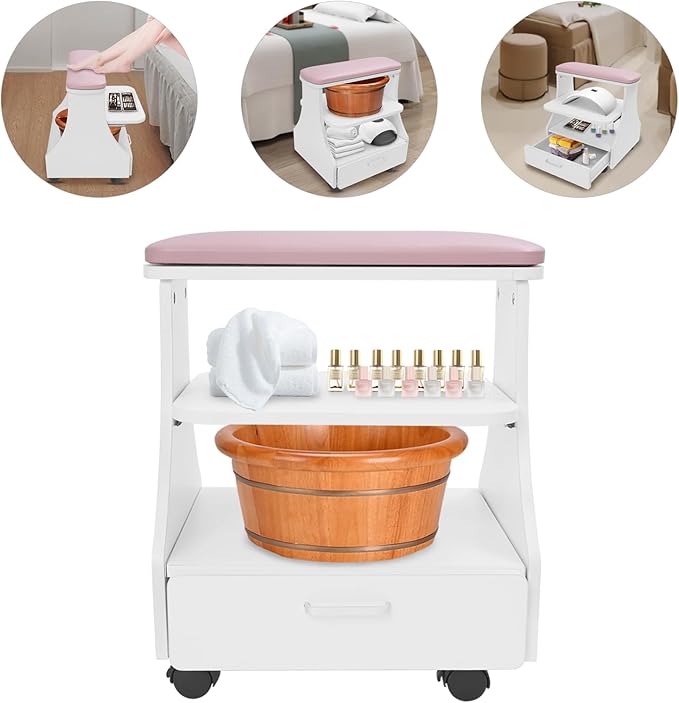 Pedicure Foot Rest, Manicure Foot Rest w/Wheels, Upgrade Widen Footrest Pedicure Foot Stool Stand, Portable Foot Bath Spa Cart Foot Massage Station Footrest, Home Beauty Salon Nail Foot Trolley Cart