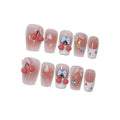 10pcs Sweet Style Press on Nails, Short Coffin Glossy Fake Nails, Pink French Tips with 3D Cherry & Bow Design, Reusable Easy to Apply False Nails for Women (Size S) ﻿