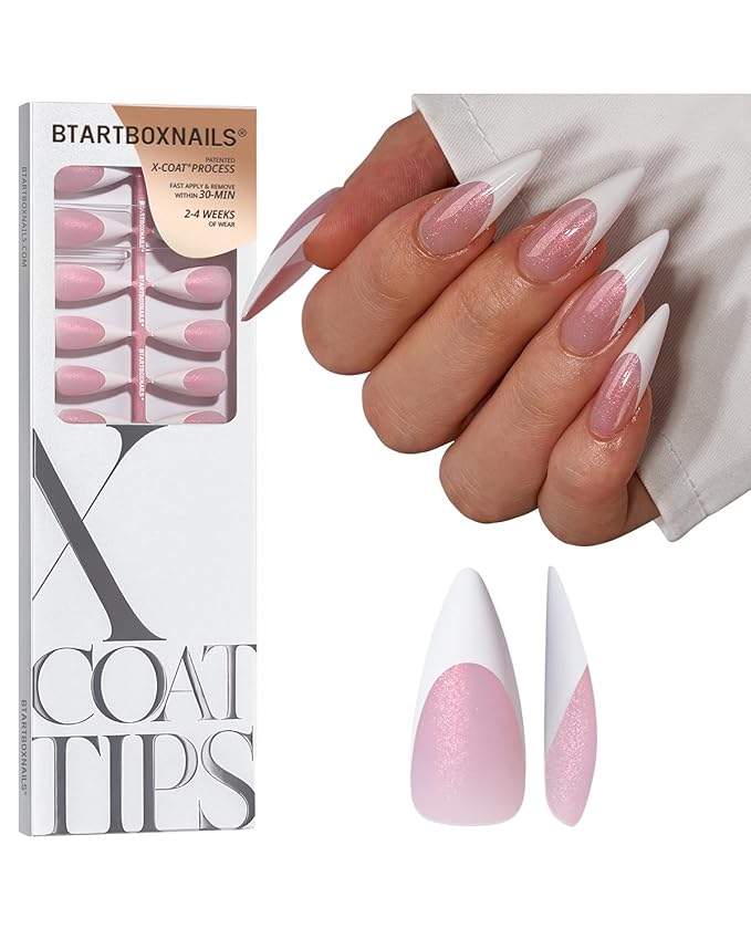 BTArtboxnails XCOATTIPS Stiletto Press On Nails - French Tip Press On Nails Pink Glitter Base, 96 Pcs Long Fake Nails Salon Quality Soak Off Soft Gel Nail Tips Extension in 16 Sizes