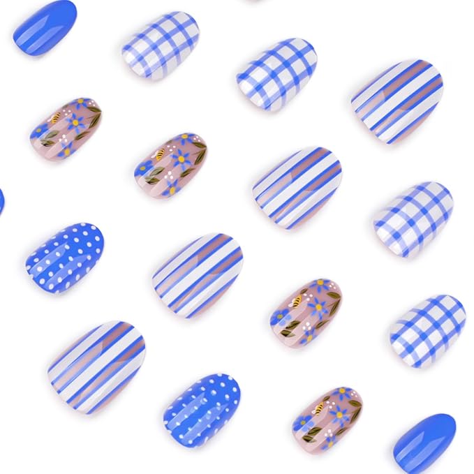 Blue Press on Nails Short Oval Fake Nails Spring Summer Nails Press ons with Blue Gingham,Polka Dot Design,Reusable Artificial Nails Full Cover Stick on Nails for Women Manicure 24Pcs