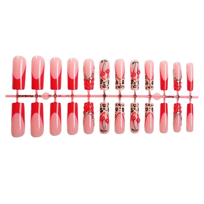 Long Press on Nails Square Red Cherry Stick on Nail for Women 24pcs