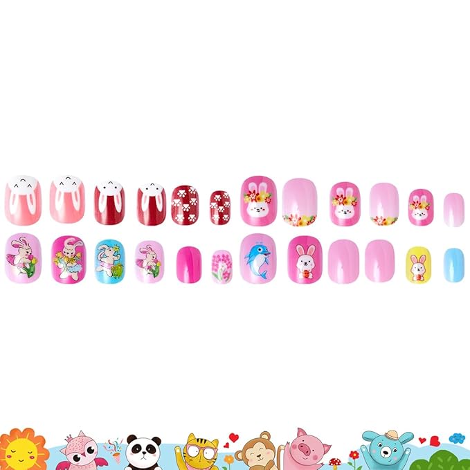 120Pcs 10 Packs Cute Short Press on Nails for Girls 5 Styles 12 Sizes Press on Nails for Kids Press ons with Cute Rabbit Designs Full Cover Acrylic Nails for Little Girl Gift DIY Manicure