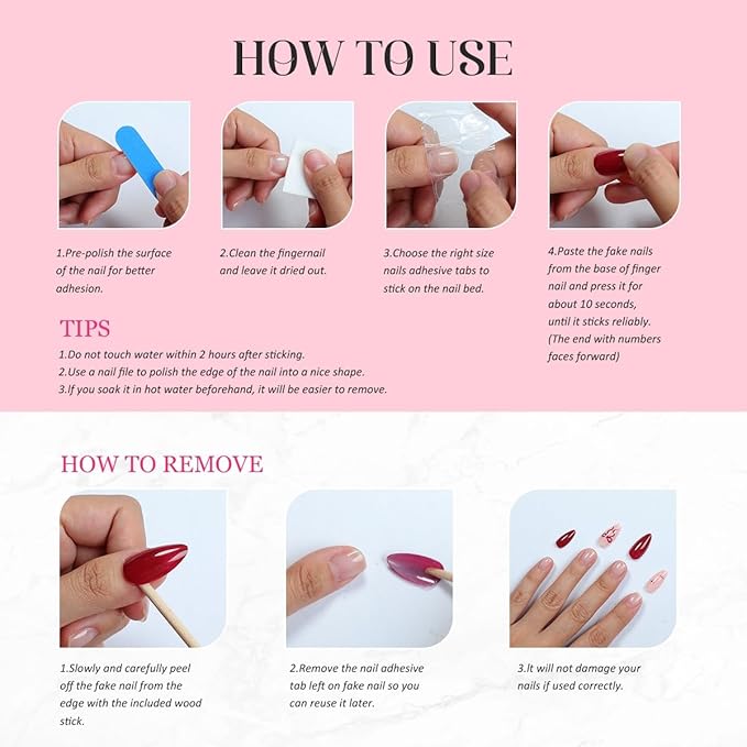 Flower Handmade Press on Nails Short Duck Fake Nails 3D Pink Luxury Floral & Golden Rhinestone Designs Thick Brown Gradient French Tip False Nail Art Full Cover Acrylic Stick on Nails for Women（M)