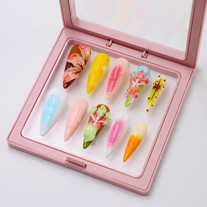 Thick Press on Nails Long Almond Handmade Nails with Glue,Tropical Flower Art Fake Nails with Water Droplet Pattern Designs Reusable Nature Stick on Nail False Nails for Wome (Size M)