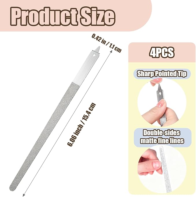 4 Pack Diamond Deb Nail File - Double Sided Stainless Steel Metal Nail Filer for Natural Nails - Professional Manicure Pedicure Tool with Sharp Tip for Women Men (6 Inch)