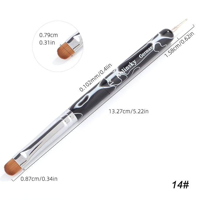 French Manicure Brush - Two Way Nail Art Brush with Dotting Tool for Cuticle Clean Up & Nail Art Design - Professional Salon Quality, Black (14#)