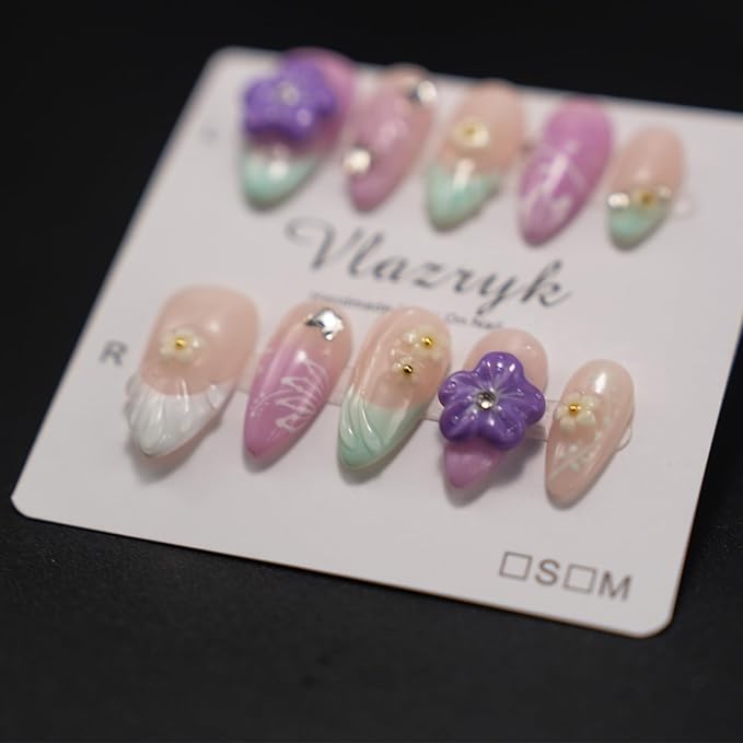 Handmade Press On Nails - 3D Almond False Nails 10PCS, Reusable Acrylic Pink French Salon Design, Easy to Apply Nail Tips for Women