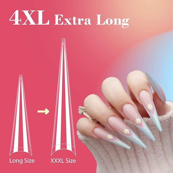 Lionvison 4XL Stiletto Nail Tips for Acrylic Nails Professional, 300Pcs Clear Nail Tips Half Cover Extra Long False Nails for Home Salon DIY, 12 Sizes