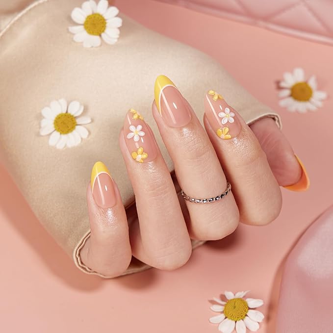 VSALON Press on Nails Short Almond - Lemon Yellow French Tip 3D Flower Design Fake Nails Kit, Reusable Valentines Gel Glue on Nails with Glue & Cuticle Oil - 32 PCS Stick on Nails in 16 Sizes