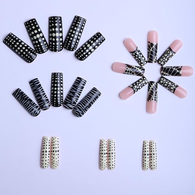 Long Square Press on Nails Polka Dot Fake Nails French Tip False Nails Black Crocodile Design Full Cover Glossy Glue on Nails for Women 24PCS