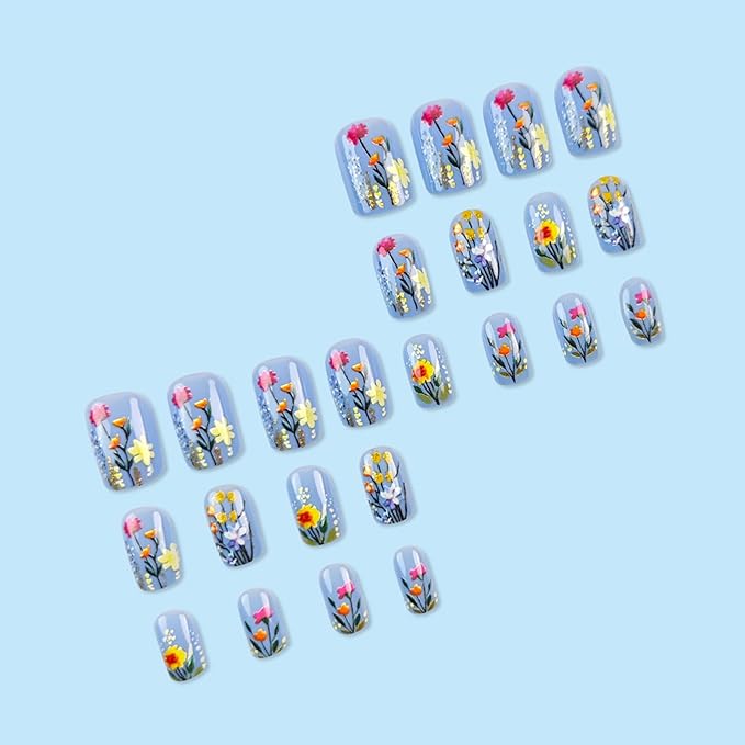 Short Press on Nails Square Fake Nails with 3D Flower Designs Colorful Glue on Nails Gold Glitter Acrylic Nails Spring Summer False Nails Glossy Full Cover Stick on Nails for Women Girls 24Pcs