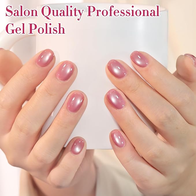 Double Rhythm 15ML Jelly Glass Cat Eye Gel Polish with Magnet Holographic Glitter Shimmer Translucent Sheer Color Salon Soak Off Magnetic Nail at Home (Light Pink-MC1226)